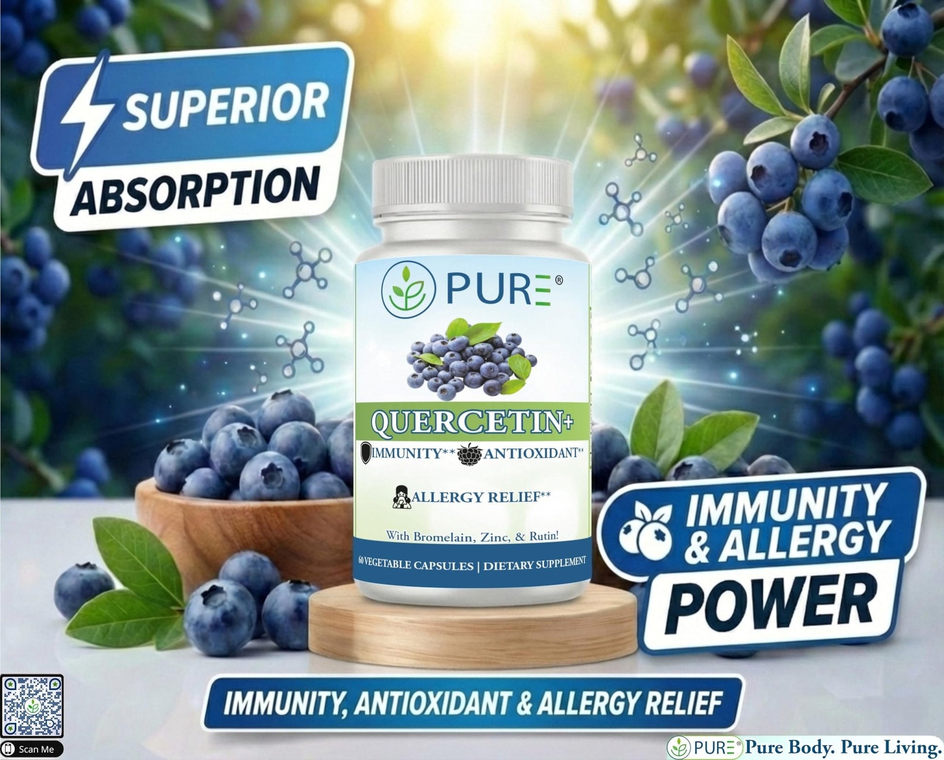 PURE® Quercetin+ with Zinc, Bromelain, Rutin Immune Shield - 60 Capsules - High Bioavailability Antioxidant Complex for Respiratory Health & Viral Defense - Made in USA - Maple Wellness Supplements