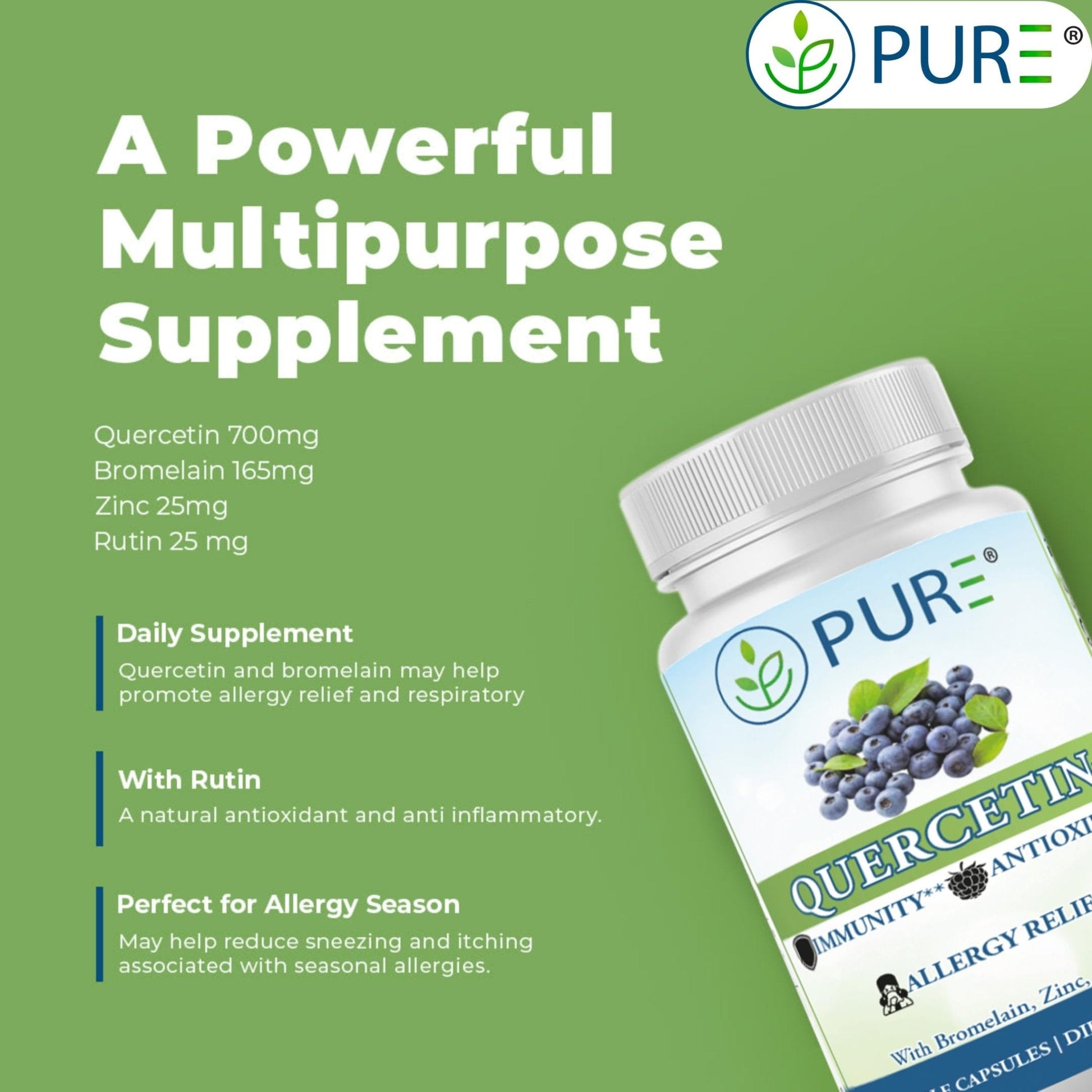 PURE® Quercetin+ with Zinc, Bromelain, Rutin Immune Shield - 60 Capsules - High Bioavailability Antioxidant Complex for Respiratory Health & Viral Defense - Made in USA - Maple Wellness Supplements