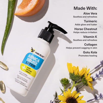 Pure Relief Arnica Bruise Relief Lotion for Bruising, Swelling, & Discoloration On Skin, Natural Skin Care Arnica Bruise Homeopathic Topical Bruise Cream W/Aloe Vera & Collagen, 4 Fl Oz (Pack of 3) - Maple Wellness Supplements