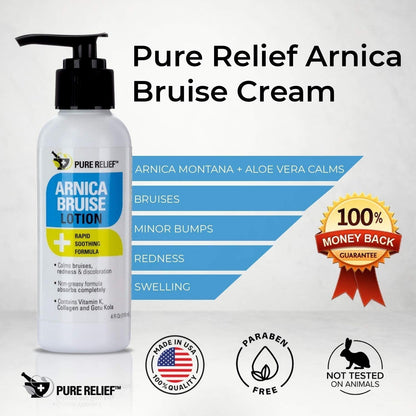 Pure Relief Arnica Bruise Relief Lotion for Bruising, Swelling, & Discoloration On Skin, Natural Skin Care Arnica Bruise Homeopathic Topical Bruise Cream W/Aloe Vera & Collagen, 4 Fl Oz (Pack of 3) - Maple Wellness Supplements