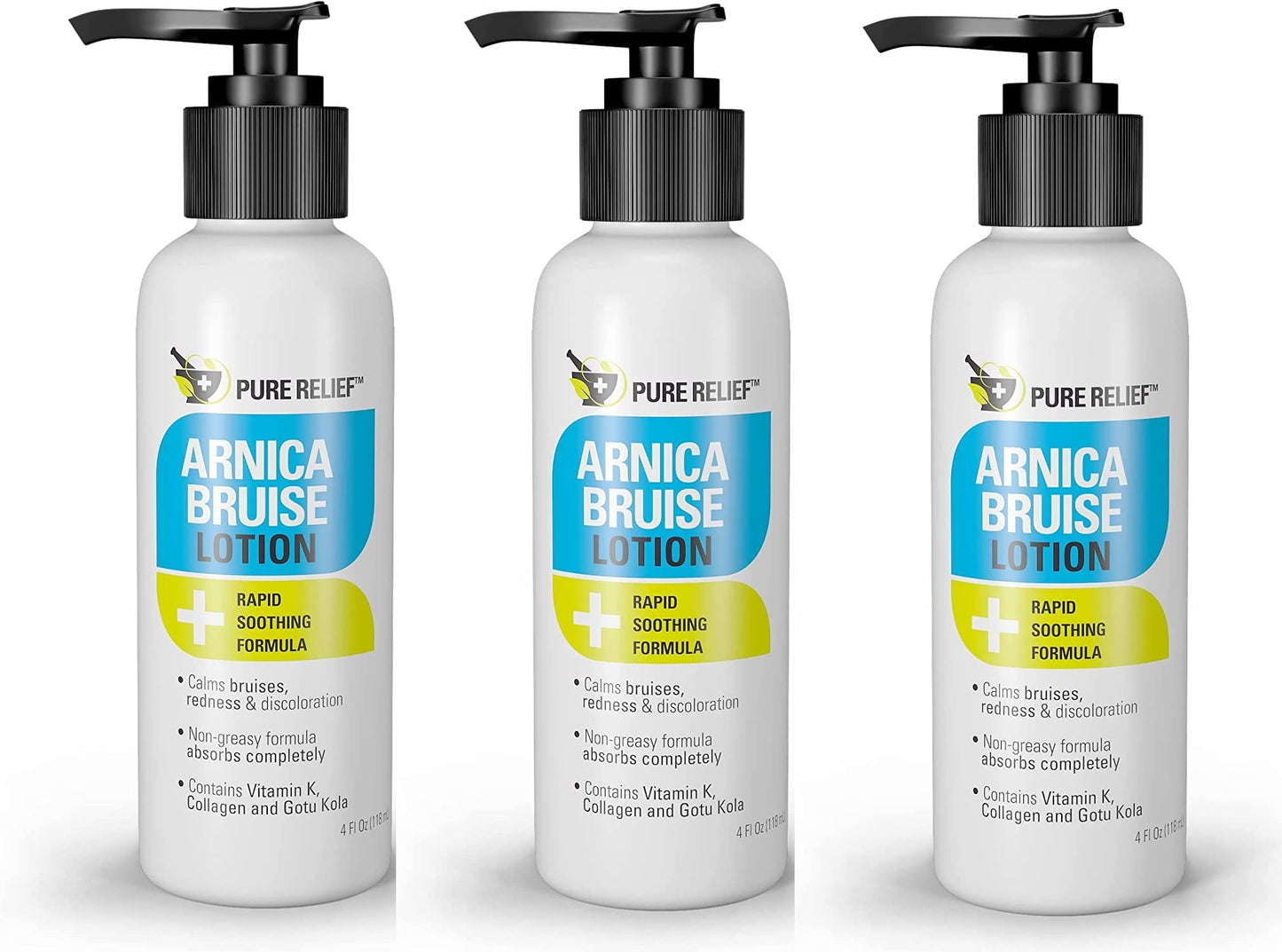 Pure Relief Arnica Bruise Relief Lotion for Bruising, Swelling, & Discoloration On Skin, Natural Skin Care Arnica Bruise Homeopathic Topical Bruise Cream W/Aloe Vera & Collagen, 4 Fl Oz (Pack of 3) - Maple Wellness Supplements