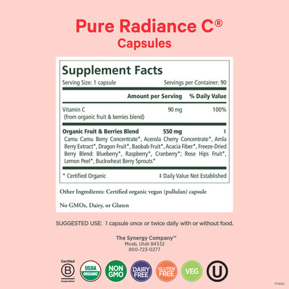 PURE SYNERGY Pure Radiance C | Organic Vitamin C Capsules | 100% Natural, Whole Food, Non-GMO Supplement with Organic Camu Camu - Maple Wellness Supplements