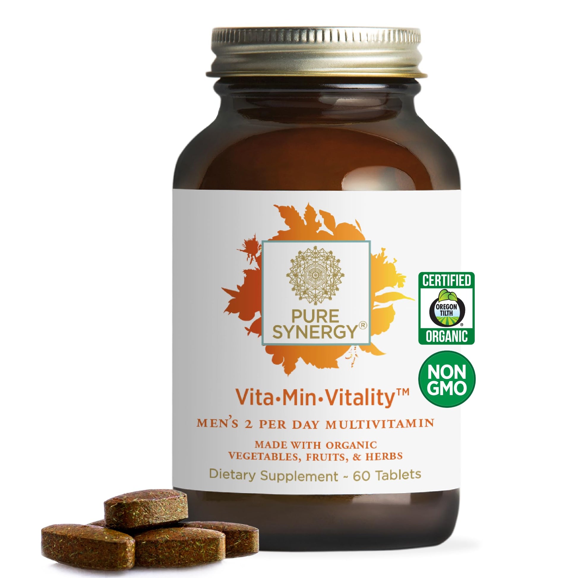 PURE SYNERGY Vita·Min·Vitality | Natural Multivitamin for Men | Men’s Daily Multivitamin Made with Organic Whole Foods | for Energy, Stress, and Immune Support (60 Tablets) - Maple Wellness Supplements