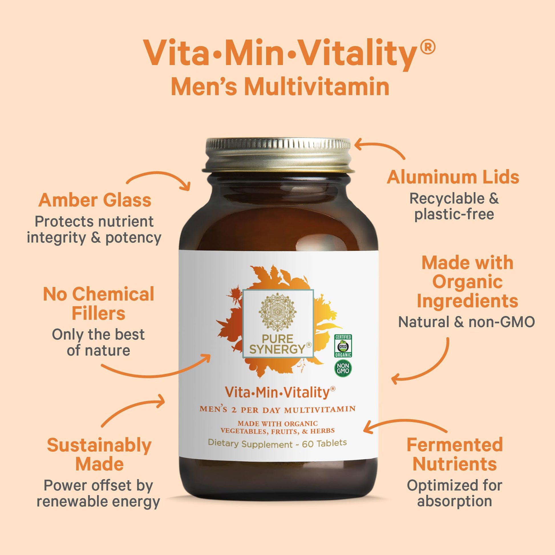 PURE SYNERGY Vita·Min·Vitality | Natural Multivitamin for Men | Men’s Daily Multivitamin Made with Organic Whole Foods | for Energy, Stress, and Immune Support (60 Tablets) - Maple Wellness Supplements
