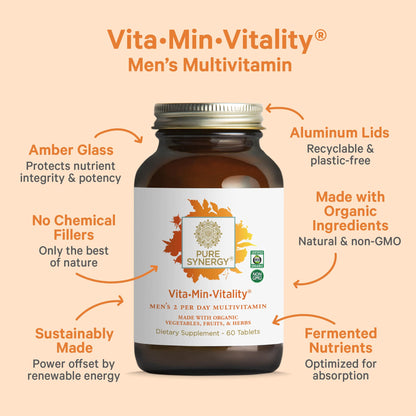 PURE SYNERGY Vita·Min·Vitality | Natural Multivitamin for Men | Men’s Daily Multivitamin Made with Organic Whole Foods | for Energy, Stress, and Immune Support (60 Tablets) - Maple Wellness Supplements