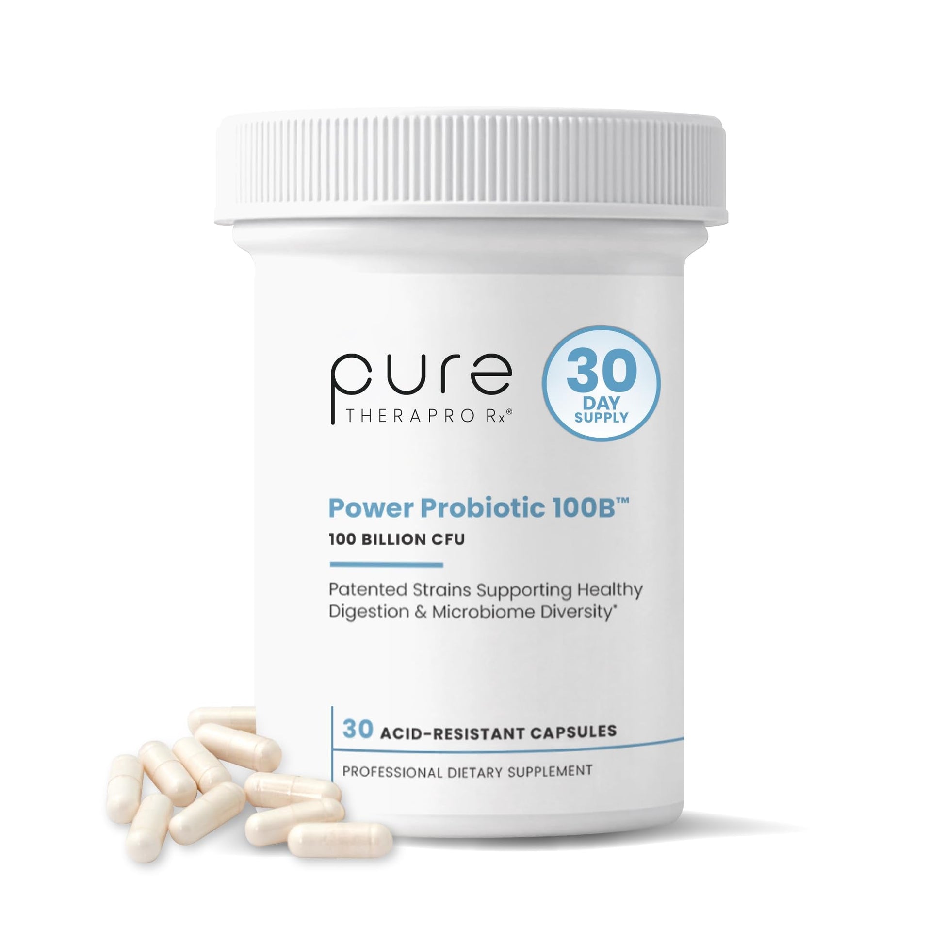Pure Therapro Rx Power Probiotic 100B | 30 Acid Resistant Capsules - 1 Month Supply | 4 Proven Strains 100 Billion CFU | Flora Balance & Digestion - Maple Wellness Supplements