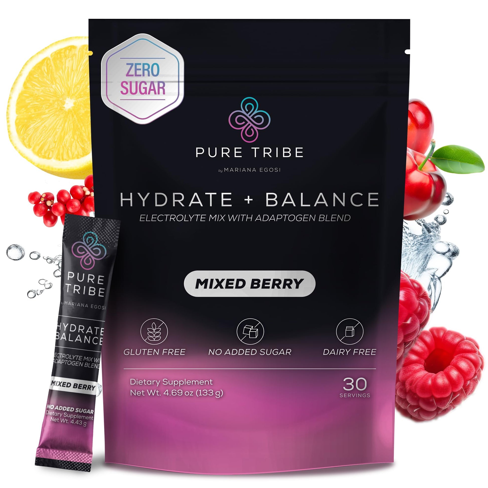 PURE TRIBE Instant Hydration Electrolytes Powder Packets with Magnesium & Salt – Zero Sugar Hydration Packets with 6 B Vitamins & Adaptogens - Maple Wellness Supplements