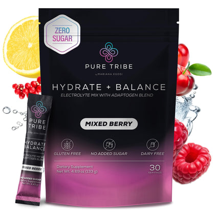 PURE TRIBE Instant Hydration Electrolytes Powder Packets with Magnesium & Salt – Zero Sugar Hydration Packets with 6 B Vitamins & Adaptogens - Maple Wellness Supplements