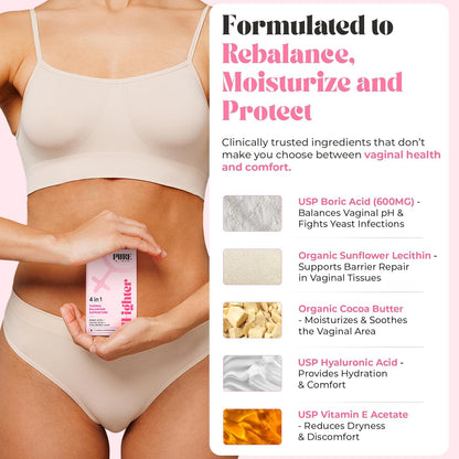 PURE WOMAN - pH-ighter Vaginal Boric Acid Suppositories for Women - Hyaluronic Acid - 4 in 1 Vaginal Suppositories for Discomfort, Dryness, Odor & pH Balance- Full Vaginal Health Care - 7pk - Maple Wellness Supplements