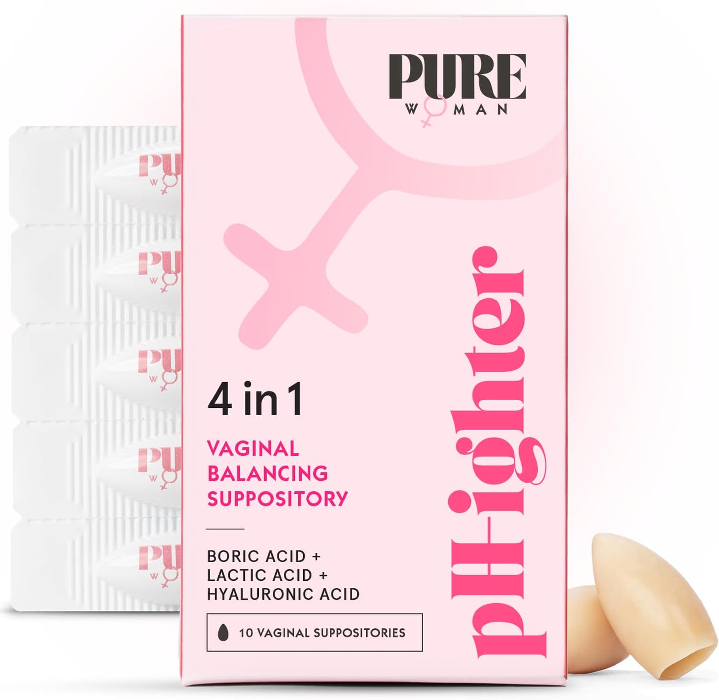 PURE WOMAN - pH-ighter Vaginal Boric Acid Suppositories for Women - Hyaluronic Acid - 4 in 1 Vaginal Suppositories for Discomfort, Dryness, Odor & pH Balance- Full Vaginal Health Care - 7pk - Maple Wellness Supplements