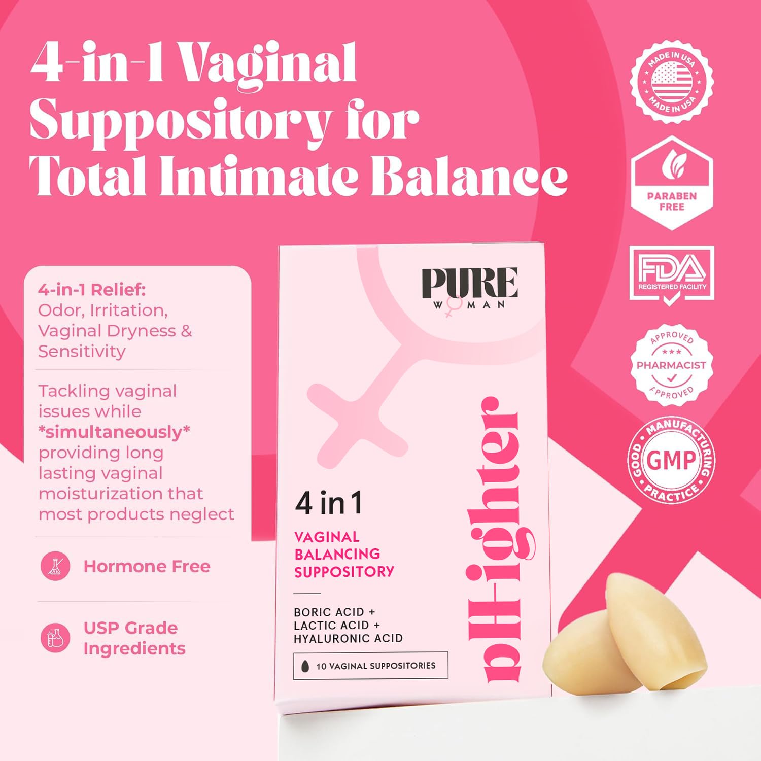 PURE WOMAN - pH-ighter Vaginal Boric Acid Suppositories for Women - Hyaluronic Acid - 4 in 1 Vaginal Suppositories for Discomfort, Dryness, Odor & pH Balance- Full Vaginal Health Care - 7pk - Maple Wellness Supplements