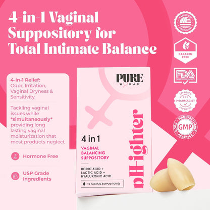 PURE WOMAN - pH-ighter Vaginal Boric Acid Suppositories for Women - Hyaluronic Acid - 4 in 1 Vaginal Suppositories for Discomfort, Dryness, Odor & pH Balance- Full Vaginal Health Care - 7pk - Maple Wellness Supplements