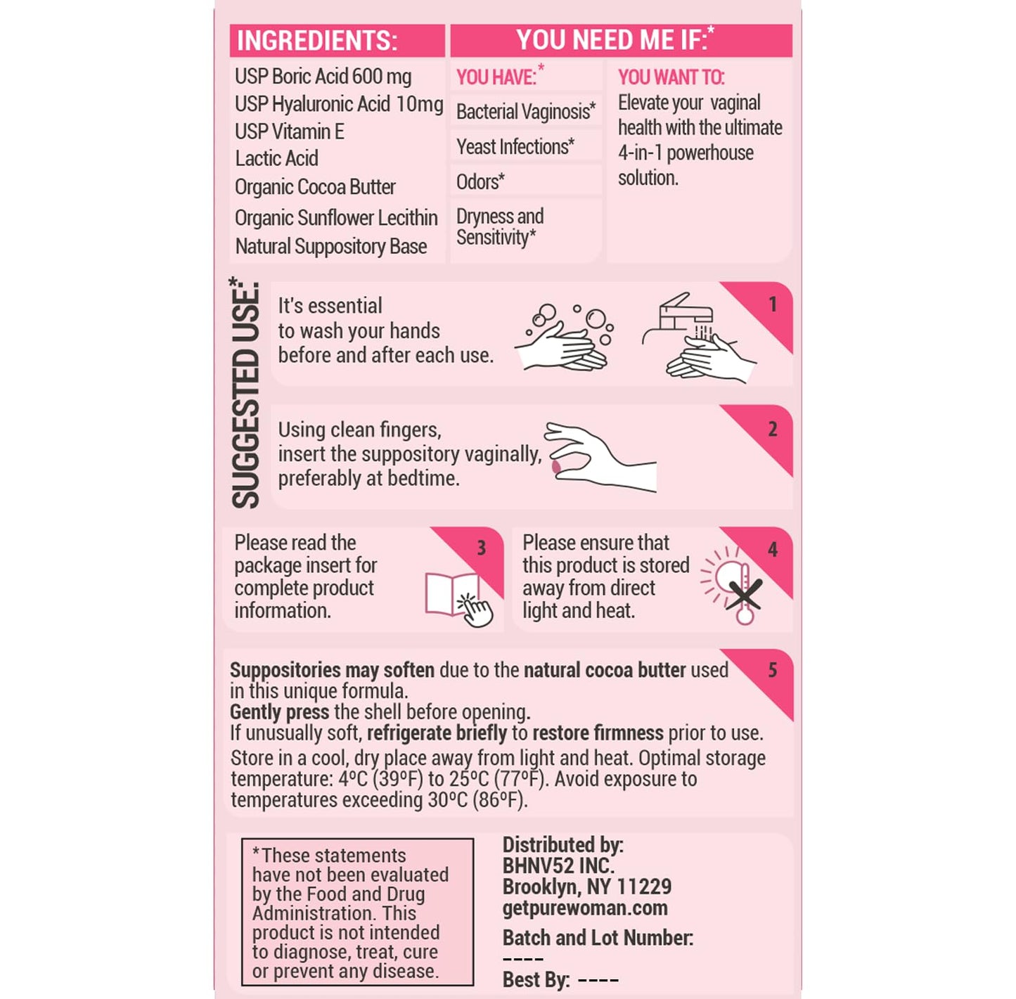 PURE WOMAN - pH-ighter Vaginal Boric Acid Suppositories for Women - Hyaluronic Acid - 4 in 1 Vaginal Suppositories for Discomfort, Dryness, Odor & pH Balance- Full Vaginal Health Care - 7pk - Maple Wellness Supplements