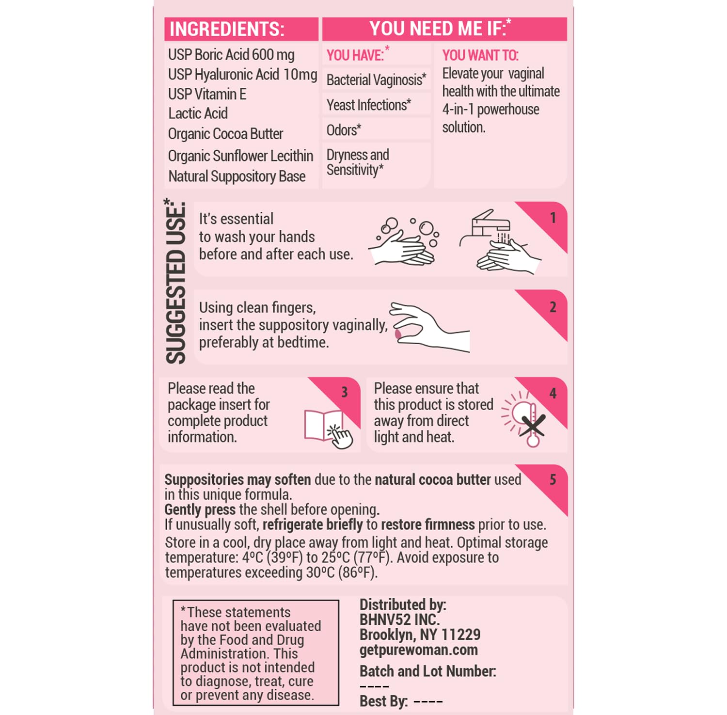 PURE WOMAN - pH-ighter Vaginal Boric Acid Suppositories for Women - Hyaluronic Acid - 4 in 1 Vaginal Suppositories for Discomfort, Dryness, Odor & pH Balance- Full Vaginal Health Care - 7pk - Maple Wellness Supplements