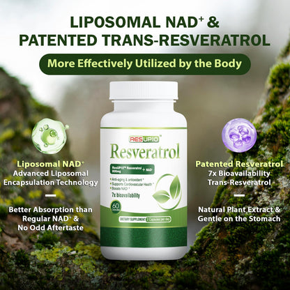 PureBotan Liposomal NAD+ Resveratrol Supplement 1300mg, High Bioavailable Trans Resveratrol ResUP10, with Extra Strength NAD Plus, Support Aging, Cardiovascular Health and Cellular Energy, 60 Capsules - Maple Wellness Supplements