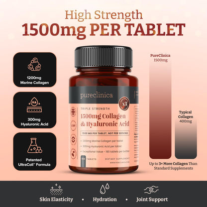 pureclinica 1500mg UltraColl Collagen (1200mg) and Hyaluronic Acid (300mg) x 180 Tablets - 6 Months Supply - Maple Wellness Supplements