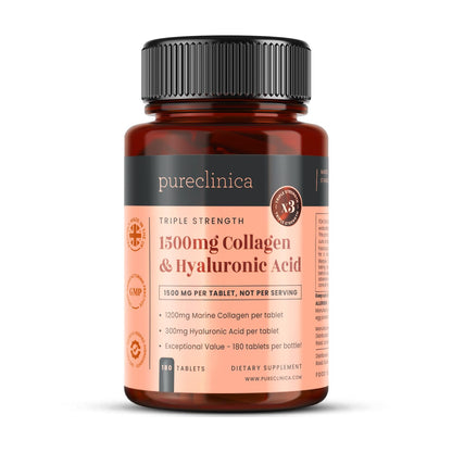 pureclinica 1500mg UltraColl Collagen (1200mg) and Hyaluronic Acid (300mg) x 180 Tablets - 6 Months Supply - Maple Wellness Supplements