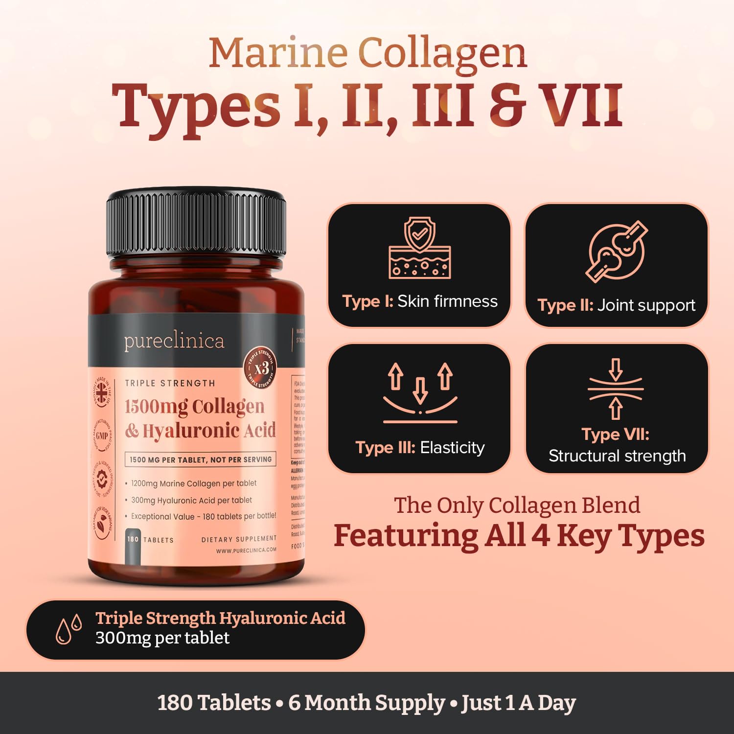 pureclinica 1500mg UltraColl Collagen (1200mg) and Hyaluronic Acid (300mg) x 180 Tablets - 6 Months Supply - Maple Wellness Supplements