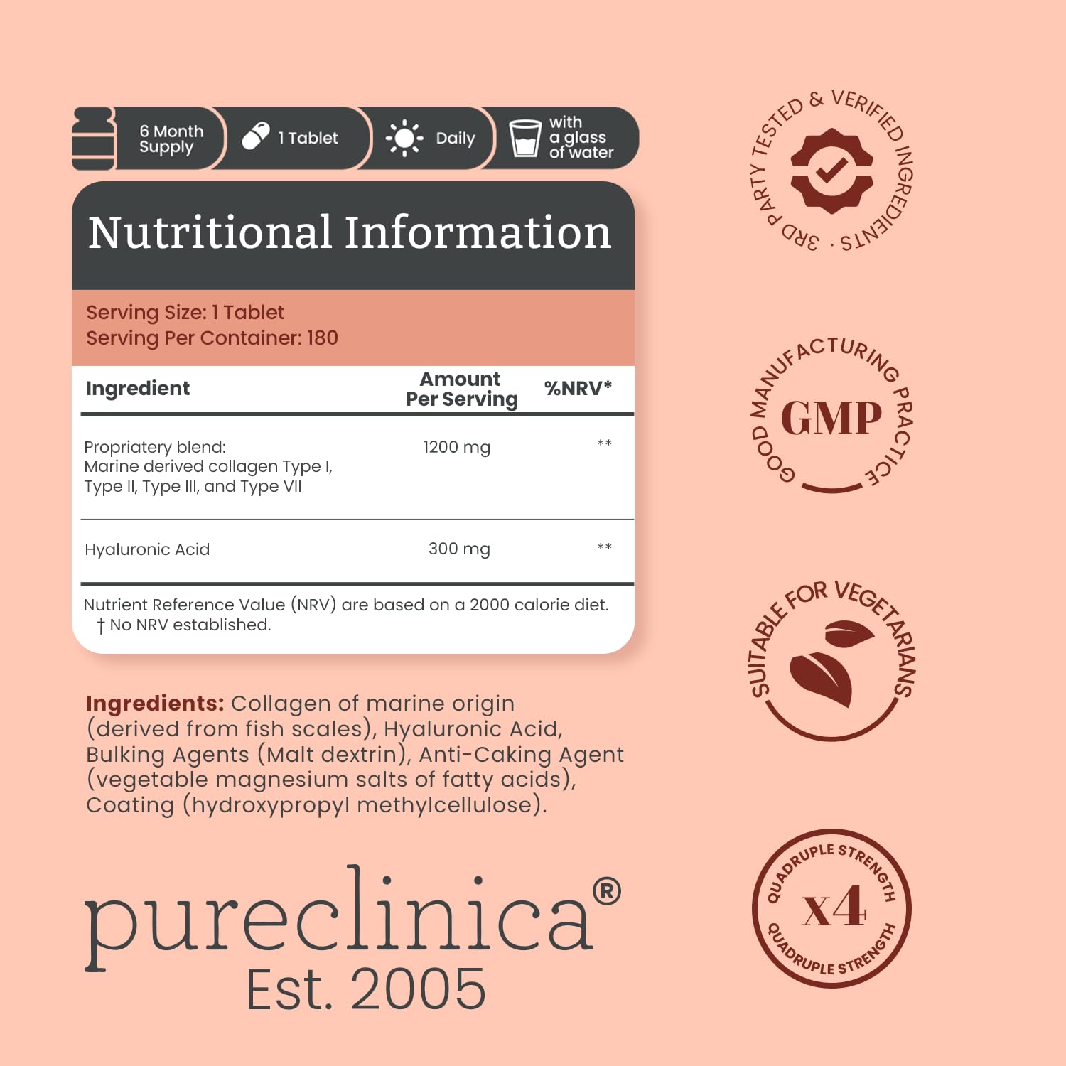 pureclinica 1500mg UltraColl Collagen (1200mg) and Hyaluronic Acid (300mg) x 180 Tablets - 6 Months Supply - Maple Wellness Supplements
