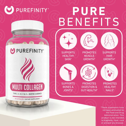 PUREFINITY Collagen Peptides for Women – Type I, II, III, V & X with Biotin & Hyaluronic Acid, Supports Healthy Skin, Bones, Hair & Nails – Non-GMO, Grass-Fed (90 Capsules, 1 Month Supply) - Maple Wellness Supplements