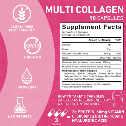 PUREFINITY Collagen Peptides for Women – Type I, II, III, V & X with Biotin & Hyaluronic Acid, Supports Healthy Skin, Bones, Hair & Nails – Non-GMO, Grass-Fed (90 Capsules, 1 Month Supply) - Maple Wellness Supplements