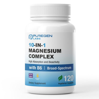 Puregen Labs 10 in 1 Magnesium Complex 500mg with B6-120 Veggie Capsules [High Absorption and Bioactivity] Non-GMO, NO Gluten and Dairy - Maple Wellness Supplements