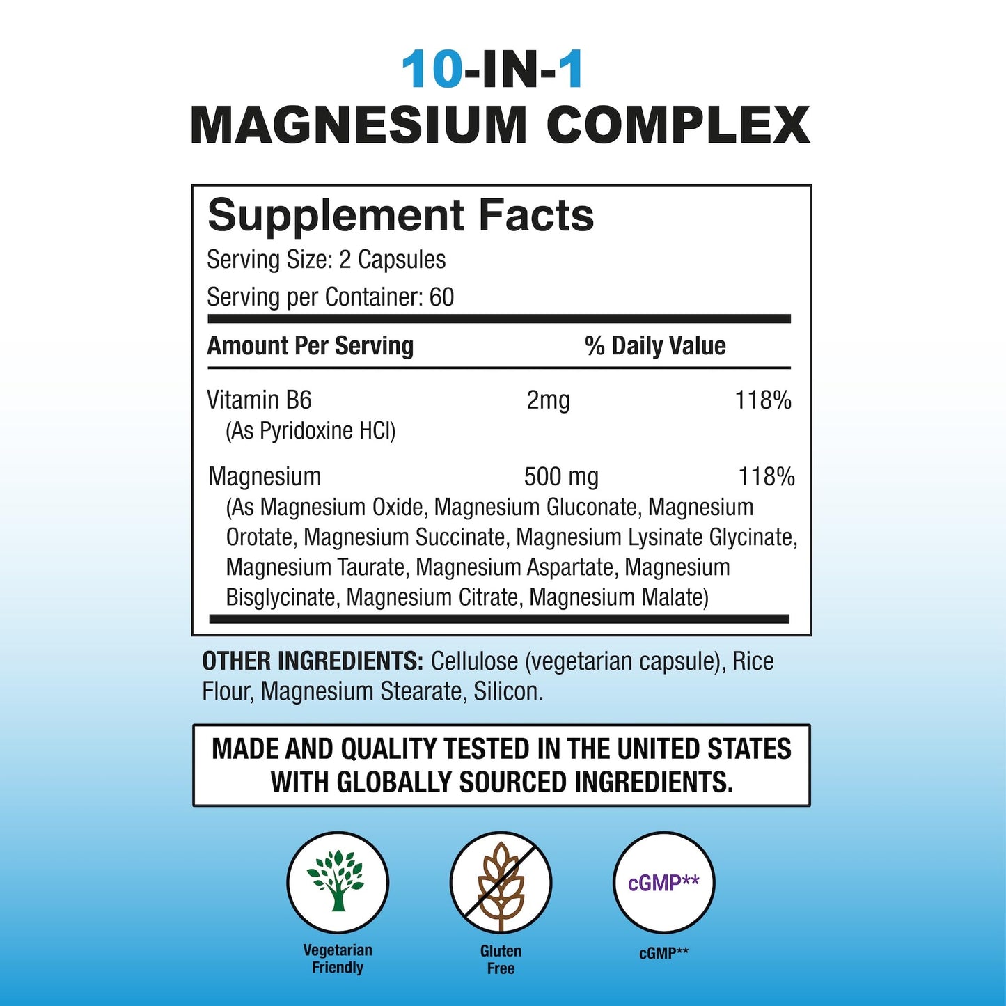 Puregen Labs 10 in 1 Magnesium Complex 500mg with B6-120 Veggie Capsules [High Absorption and Bioactivity] Non-GMO, NO Gluten and Dairy - Maple Wellness Supplements