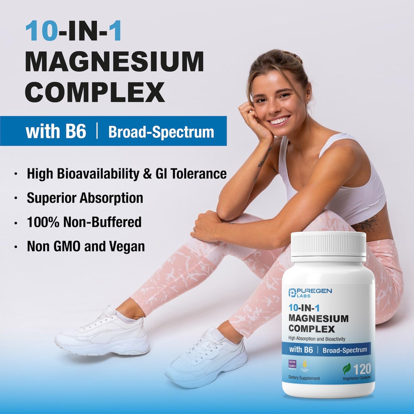 Puregen Labs 10 in 1 Magnesium Complex 500mg with B6-120 Veggie Capsules [High Absorption and Bioactivity] Non-GMO, NO Gluten and Dairy - Maple Wellness Supplements