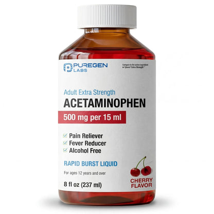 Puregen Labs Adult Extra Strength Acetaminophen Liquid 500mg/15ml - 8 fl oz Rapid Burst Pain Reliever/Fever Reducer, Cherry Flavor | Muscle & Joint Pain Relief | Arthritis Pain Relief - Maple Wellness Supplements