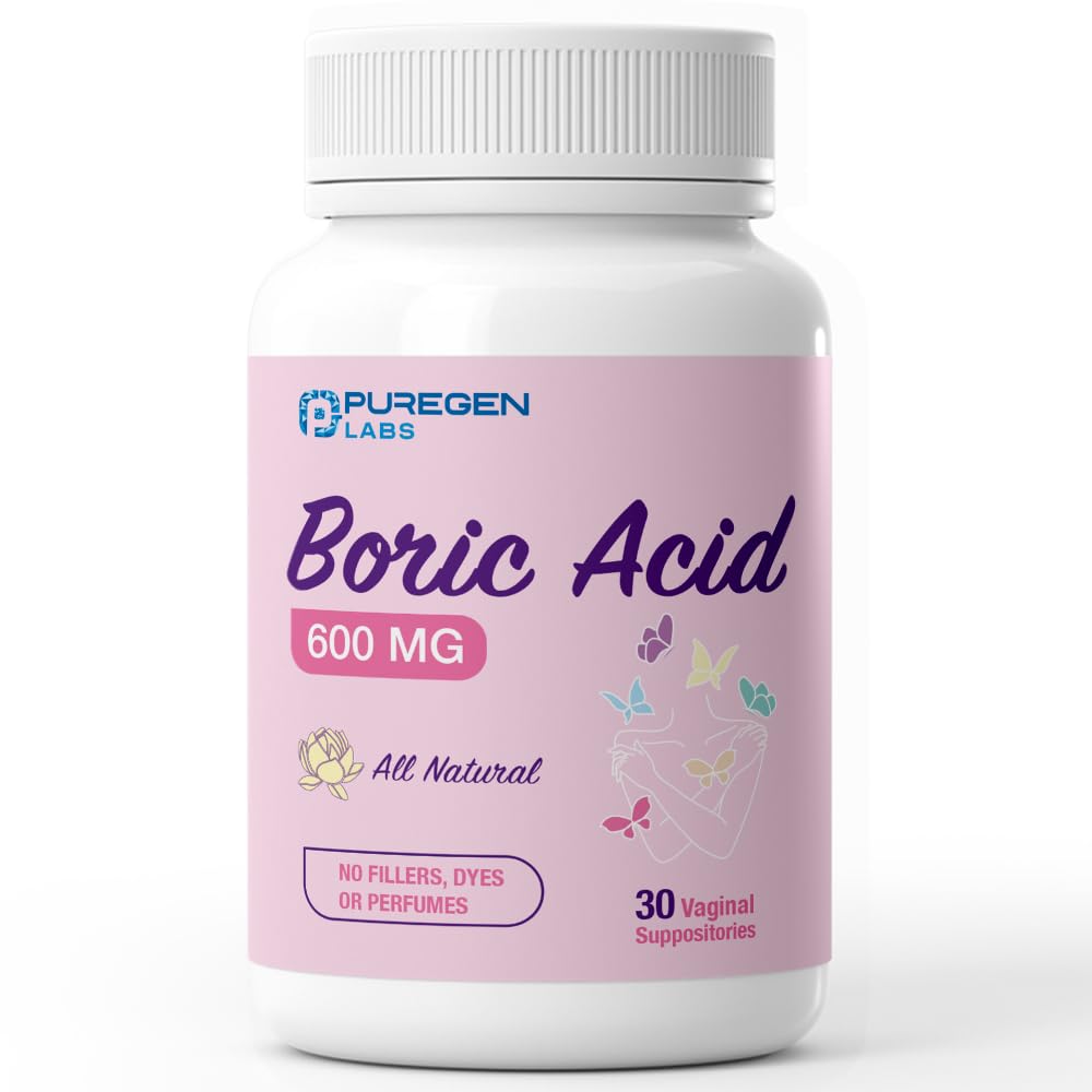 Puregen Labs Boric Acid 600 mg Vaginal Suppositories - 100% Pure | All Natural Without Dyes or Fillers | Made in USA - Supports Vaginal pH Balance and Odor Control (30 Count) - Maple Wellness Supplements