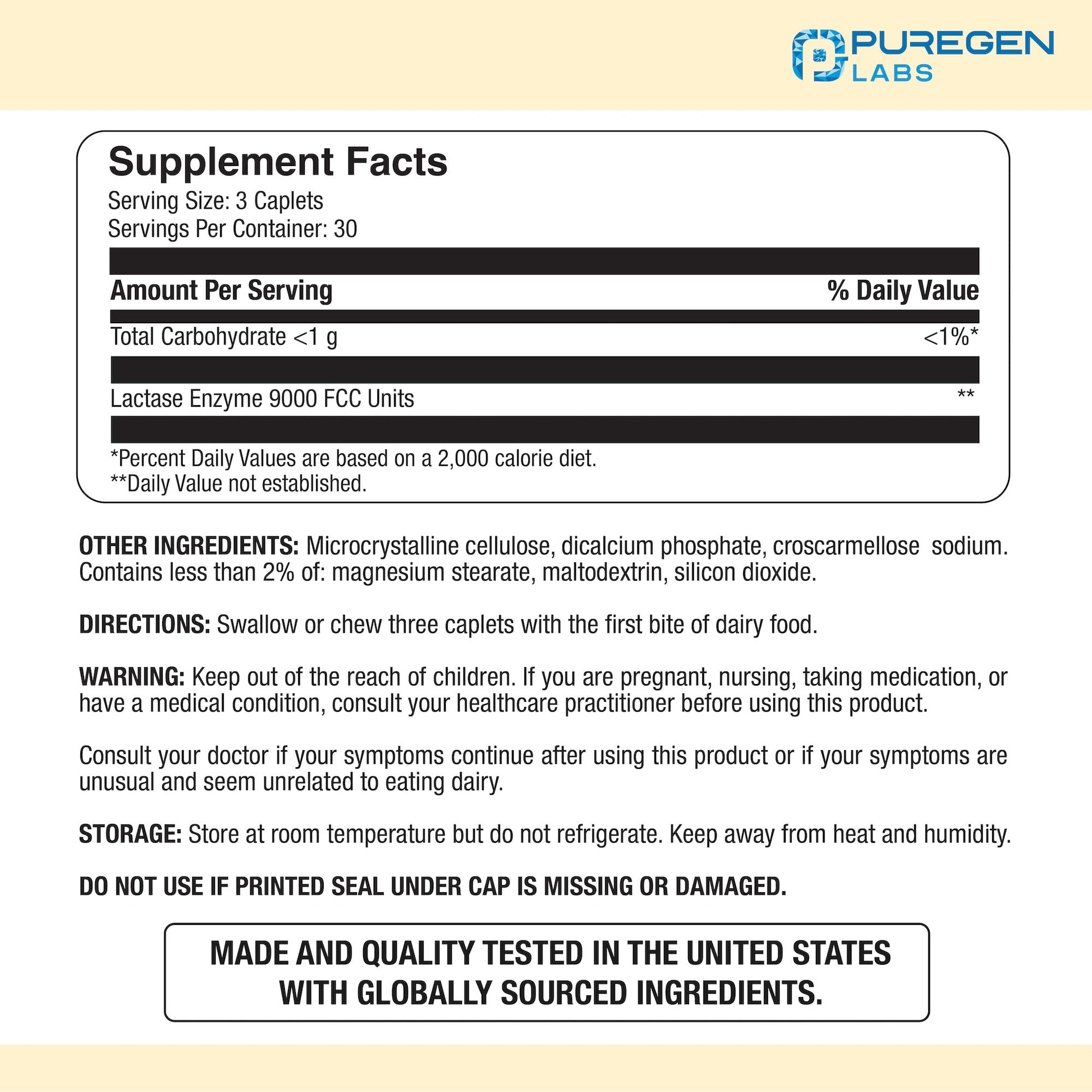 Puregen Labs Dairy Relief Natural Fast Acting Lactase Enzyme 3000 FCC, Lactose Intolerance Pills 90 Caplets - Maple Wellness Supplements
