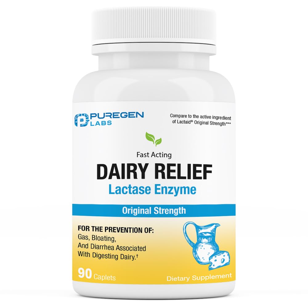 Puregen Labs Dairy Relief Natural Fast Acting Lactase Enzyme 3000 FCC, Lactose Intolerance Pills 90 Caplets - Maple Wellness Supplements