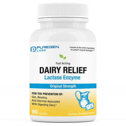 Puregen Labs Dairy Relief Natural Fast Acting Lactase Enzyme 3000 FCC, Lactose Intolerance Pills 90 Caplets - Maple Wellness Supplements