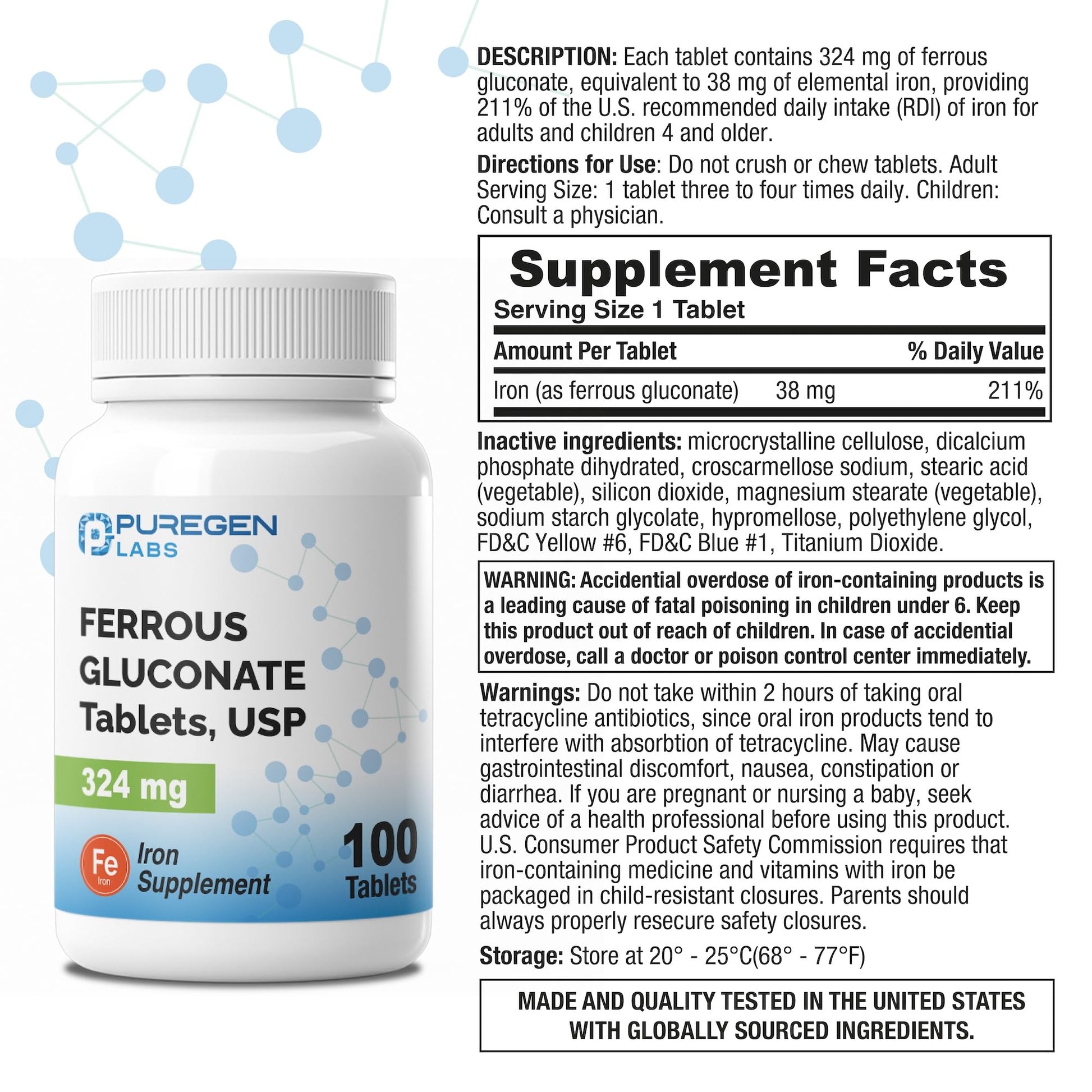 Puregen Labs Ferrous Gluconate 324 mg [High Potency] Iron Supplement, Gentle on Stomach - 100 Tablets - Maple Wellness Supplements