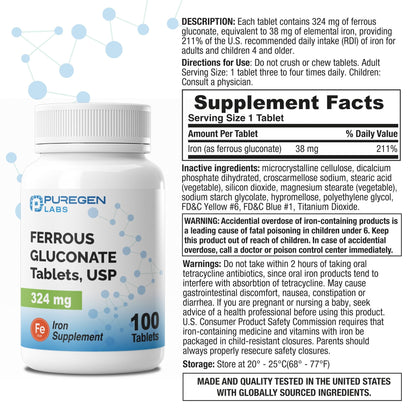Puregen Labs Ferrous Gluconate 324 mg [High Potency] Iron Supplement, Gentle on Stomach - 100 Tablets - Maple Wellness Supplements