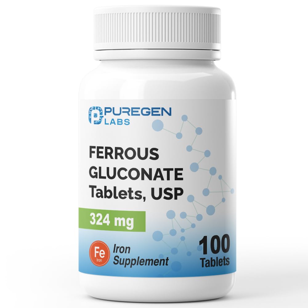Puregen Labs Ferrous Gluconate 324 mg [High Potency] Iron Supplement, Gentle on Stomach - 100 Tablets - Maple Wellness Supplements