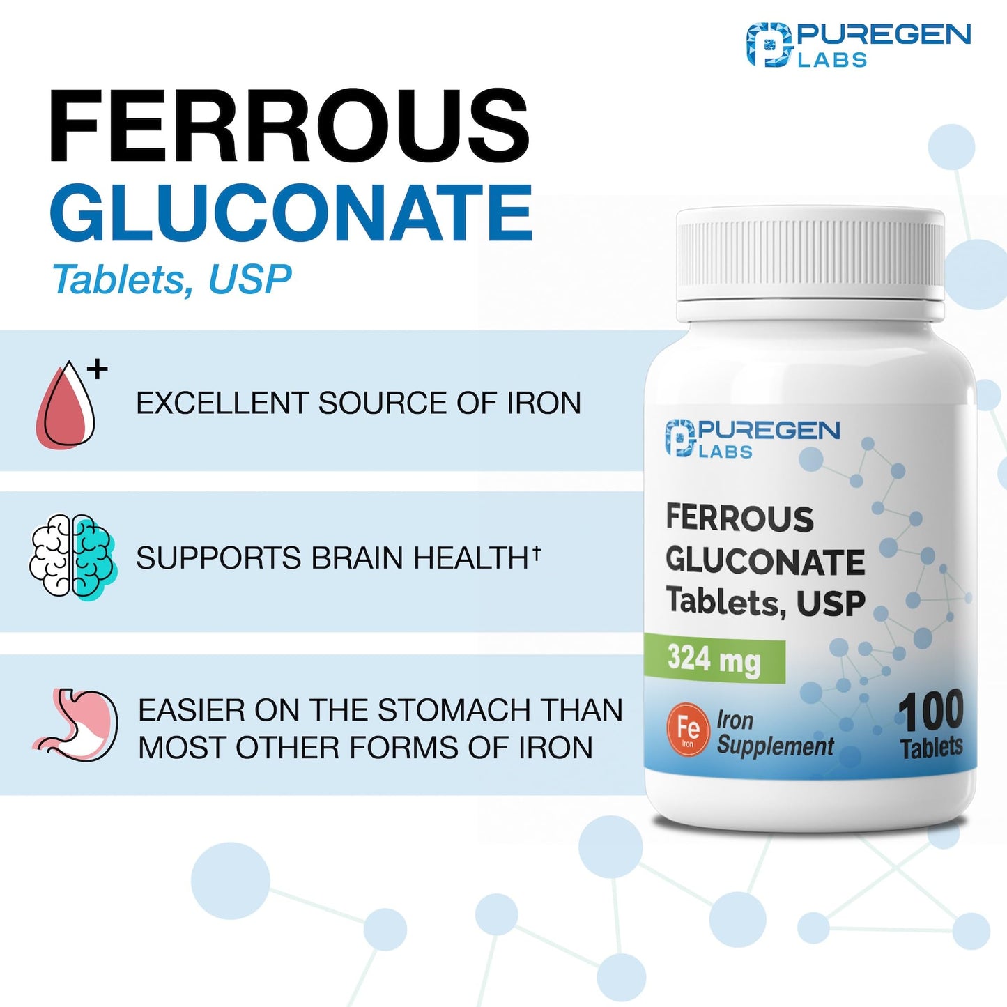 Puregen Labs Ferrous Gluconate 324 mg [High Potency] Iron Supplement, Gentle on Stomach - 100 Tablets - Maple Wellness Supplements