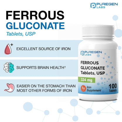 Puregen Labs Ferrous Gluconate 324 mg [High Potency] Iron Supplement, Gentle on Stomach - 100 Tablets - Maple Wellness Supplements