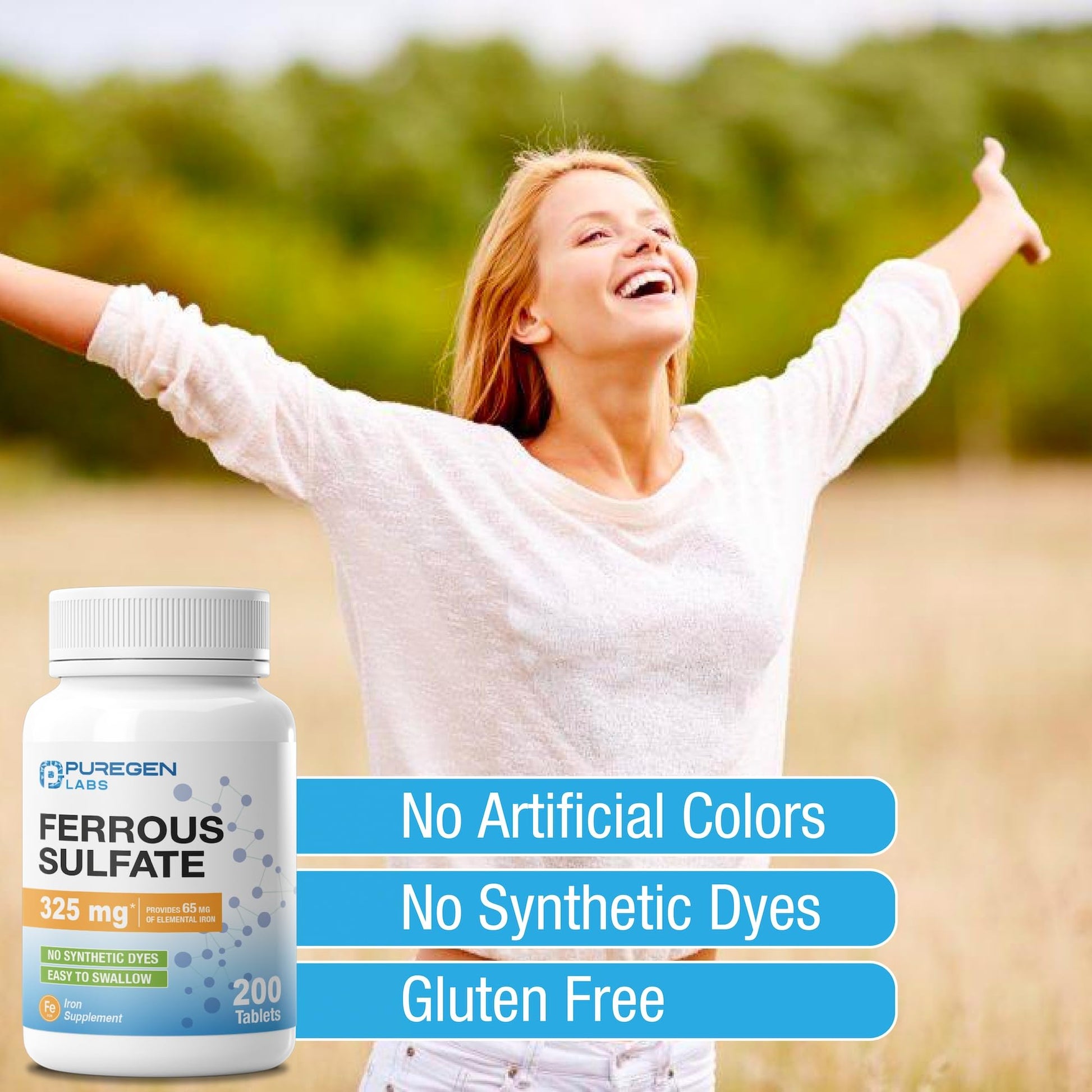 Puregen Labs Ferrous Sulfate 325 mg (65 mg Elemental Iron) High Potency Iron Supplement | No Artificial Color Additives - 200 Tablets - Maple Wellness Supplements
