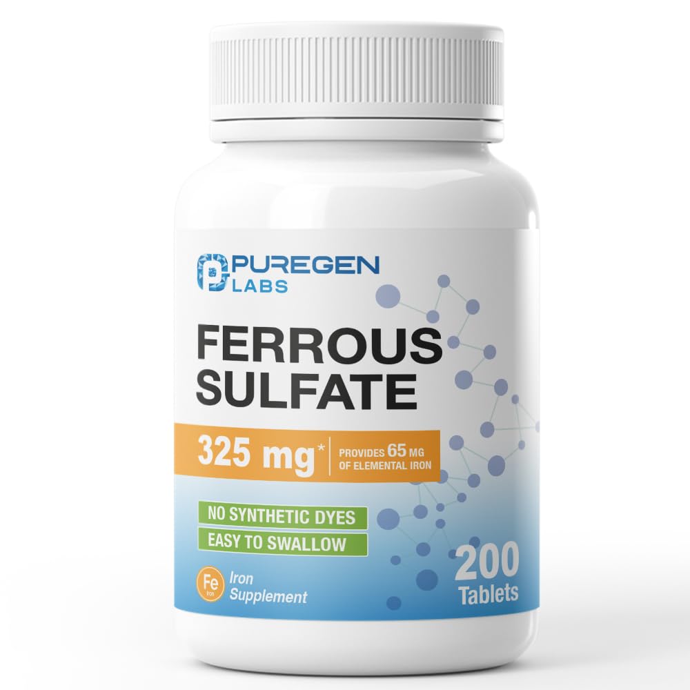 Puregen Labs Ferrous Sulfate 325 mg (65 mg Elemental Iron) High Potency Iron Supplement | No Artificial Color Additives - 200 Tablets - Maple Wellness Supplements