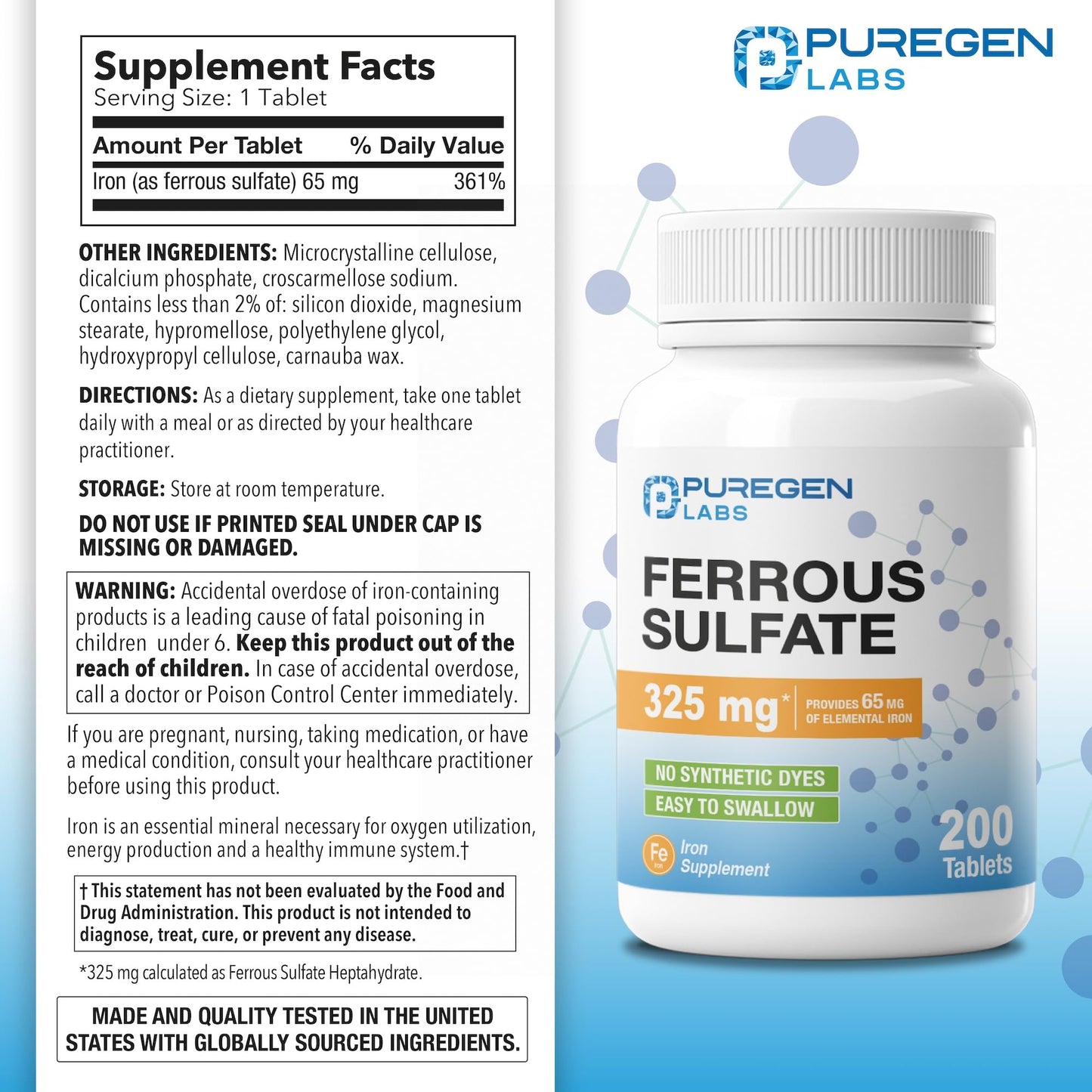 Puregen Labs Ferrous Sulfate 325 mg (65 mg Elemental Iron) High Potency Iron Supplement | No Artificial Color Additives - 200 Tablets - Maple Wellness Supplements