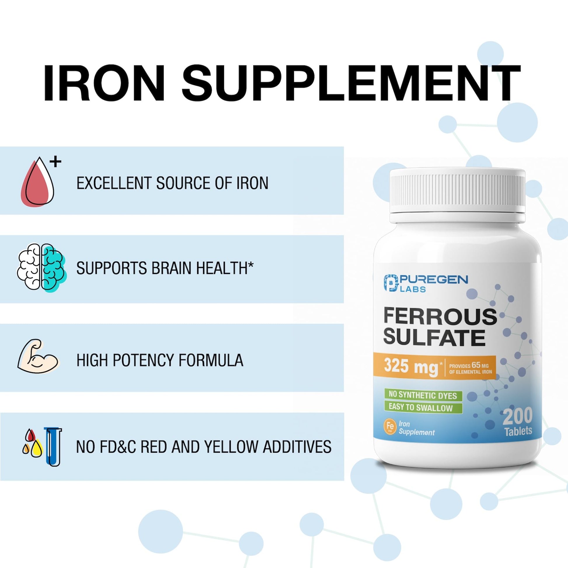 Puregen Labs Ferrous Sulfate 325 mg (65 mg Elemental Iron) High Potency Iron Supplement | No Artificial Color Additives - 200 Tablets - Maple Wellness Supplements