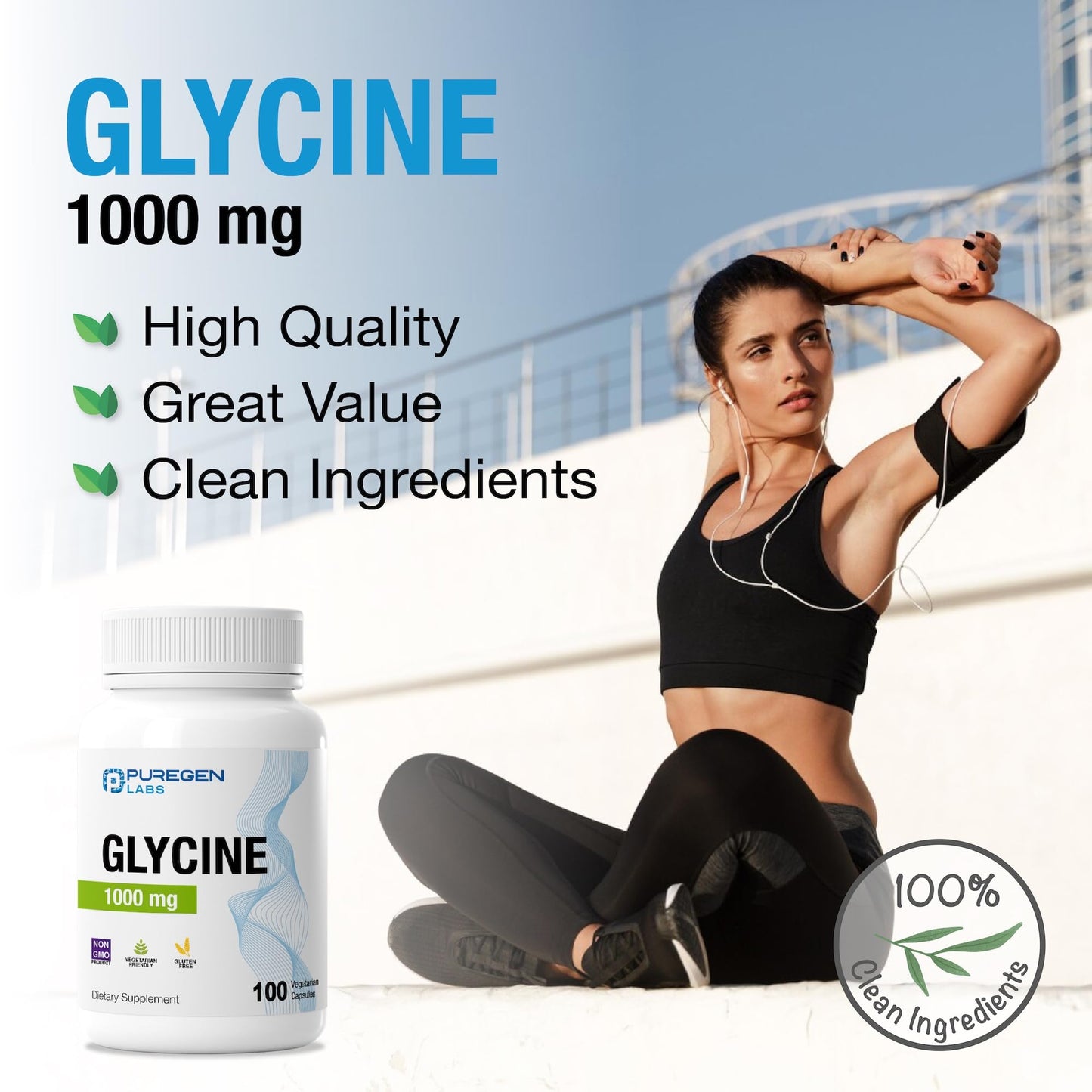 Puregen Labs Glycine 1000mg [High Potency] 100 Vegetarian Capsules, Promotes Healthy Rest | No Harmful Additives - Maple Wellness Supplements