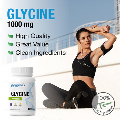 Puregen Labs Glycine 1000mg [High Potency] 100 Vegetarian Capsules, Promotes Healthy Rest | No Harmful Additives - Maple Wellness Supplements