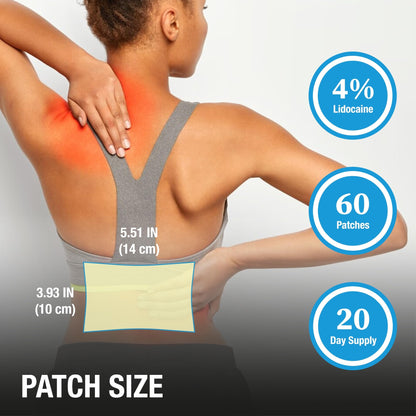 Puregen Labs Lidocaine 4% Numbing Patch - Total 60 Patches Maximum Strength | Fast Acting Temporary Relief of Aches | Back, Neck, Shoulders, Elbows and Knees - Maple Wellness Supplements