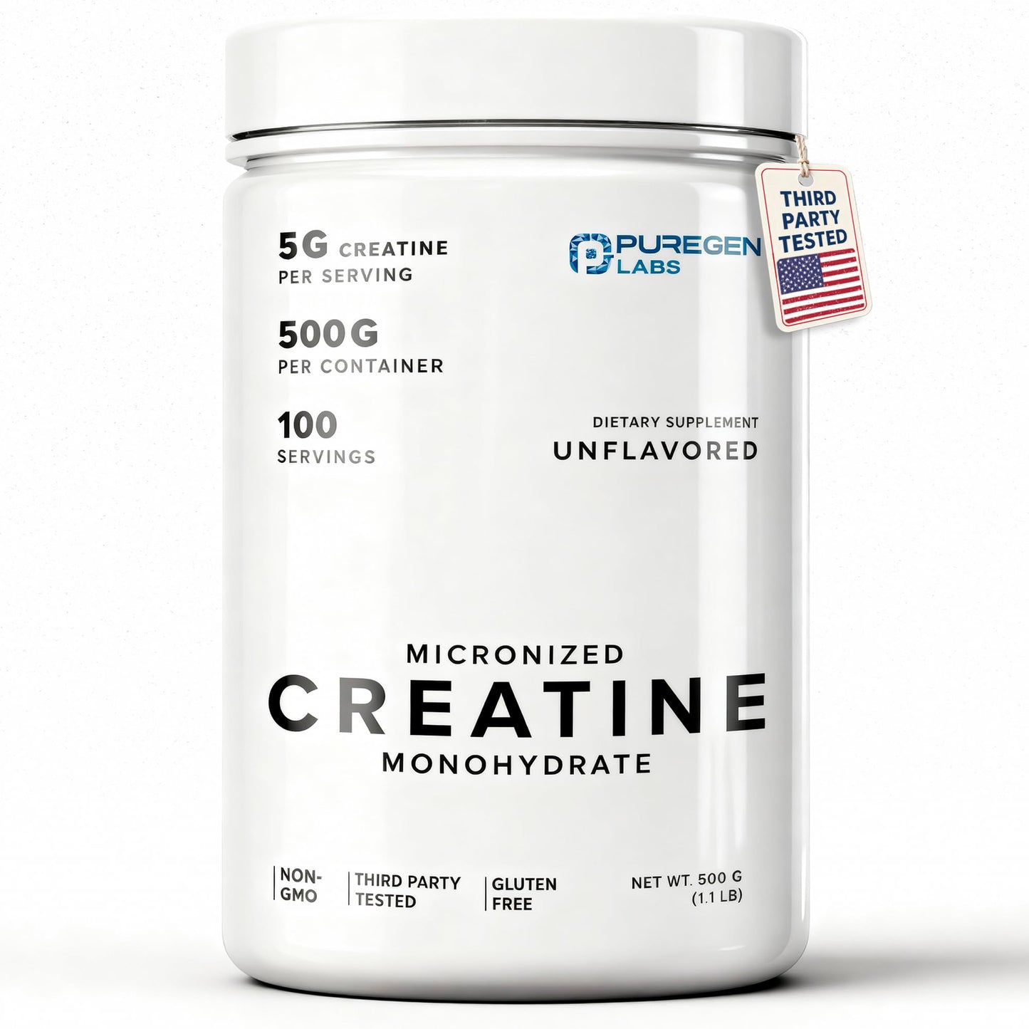 Puregen Labs Micronized Creatine Monohydrate Powder 500g – Pure, Unflavored, No Additives | 5000mg Per Serv (5g) - 100 Servings | Third Party Tested for Quality - Maple Wellness Supplements