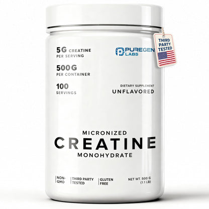 Puregen Labs Micronized Creatine Monohydrate Powder 500g – Pure, Unflavored, No Additives | 5000mg Per Serv (5g) - 100 Servings | Third Party Tested for Quality - Maple Wellness Supplements