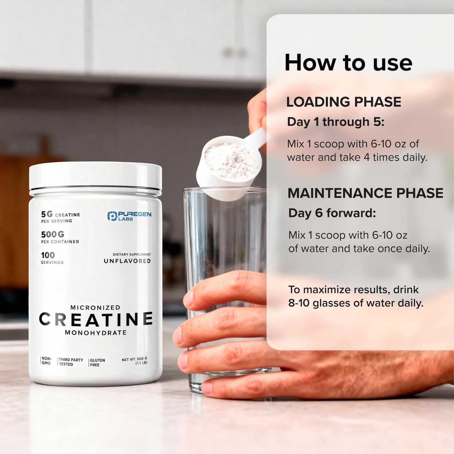 Puregen Labs Micronized Creatine Monohydrate Powder 500g – Pure, Unflavored, No Additives | 5000mg Per Serv (5g) - 100 Servings | Third Party Tested for Quality - Maple Wellness Supplements