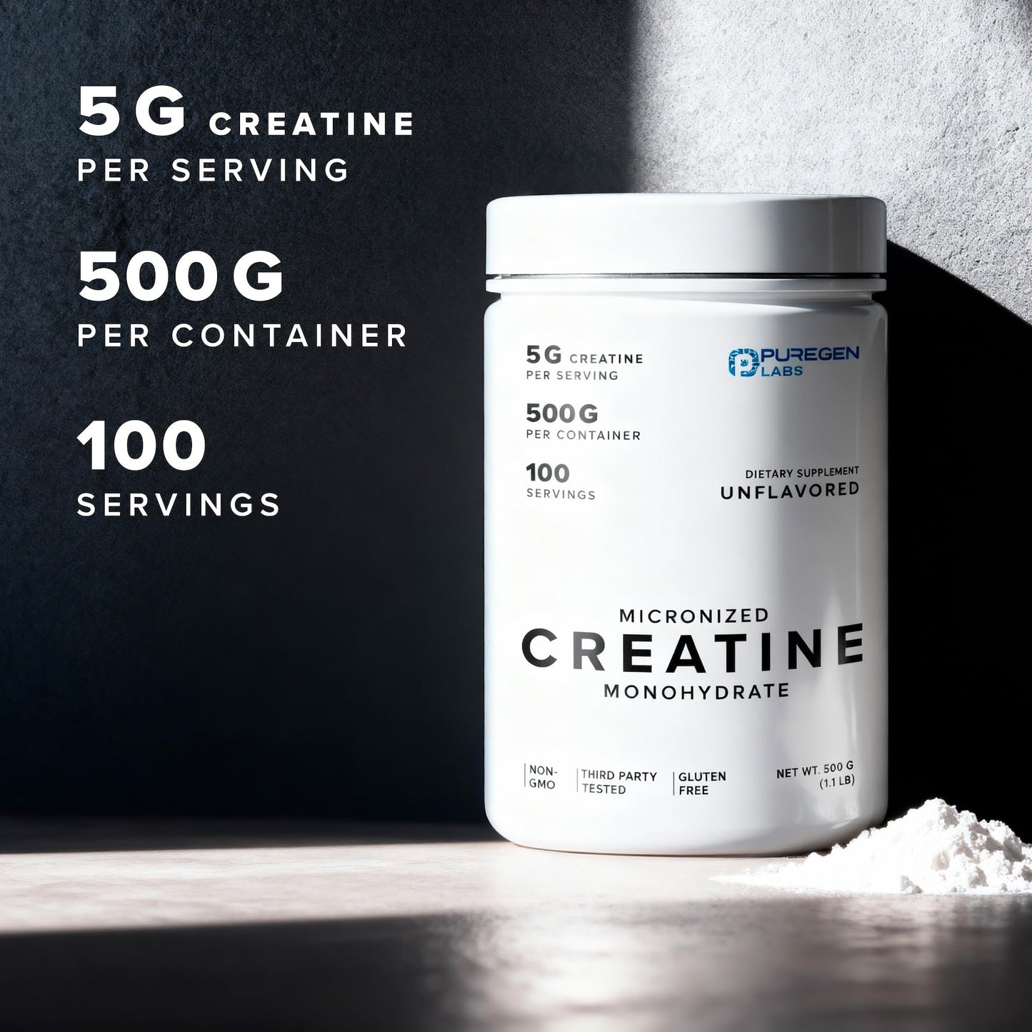 Puregen Labs Micronized Creatine Monohydrate Powder 500g – Pure, Unflavored, No Additives | 5000mg Per Serv (5g) - 100 Servings | Third Party Tested for Quality - Maple Wellness Supplements