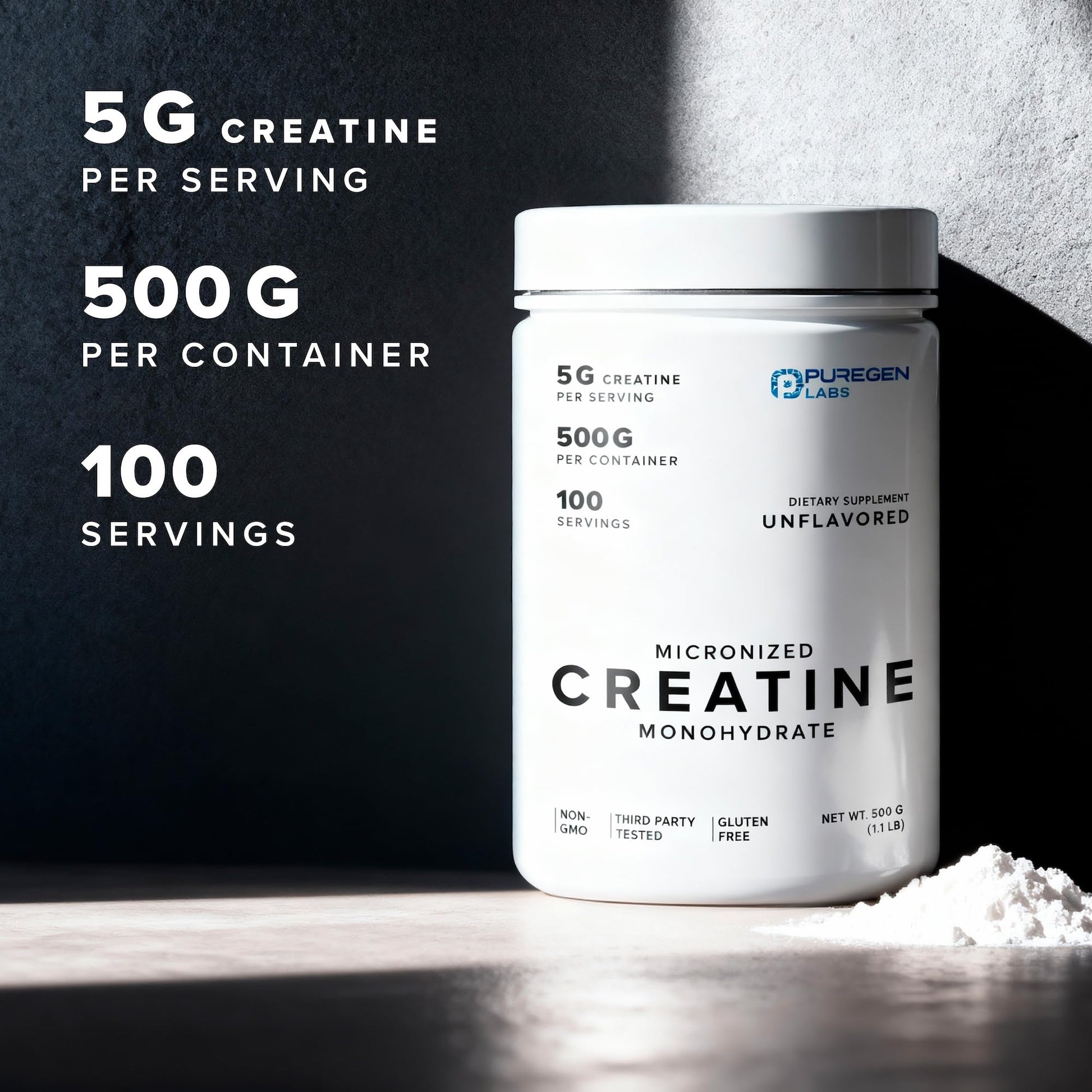 Puregen Labs Micronized Creatine Monohydrate Powder 500g – Pure, Unflavored, No Additives | 5000mg Per Serv (5g) - 100 Servings | Third Party Tested for Quality - Maple Wellness Supplements